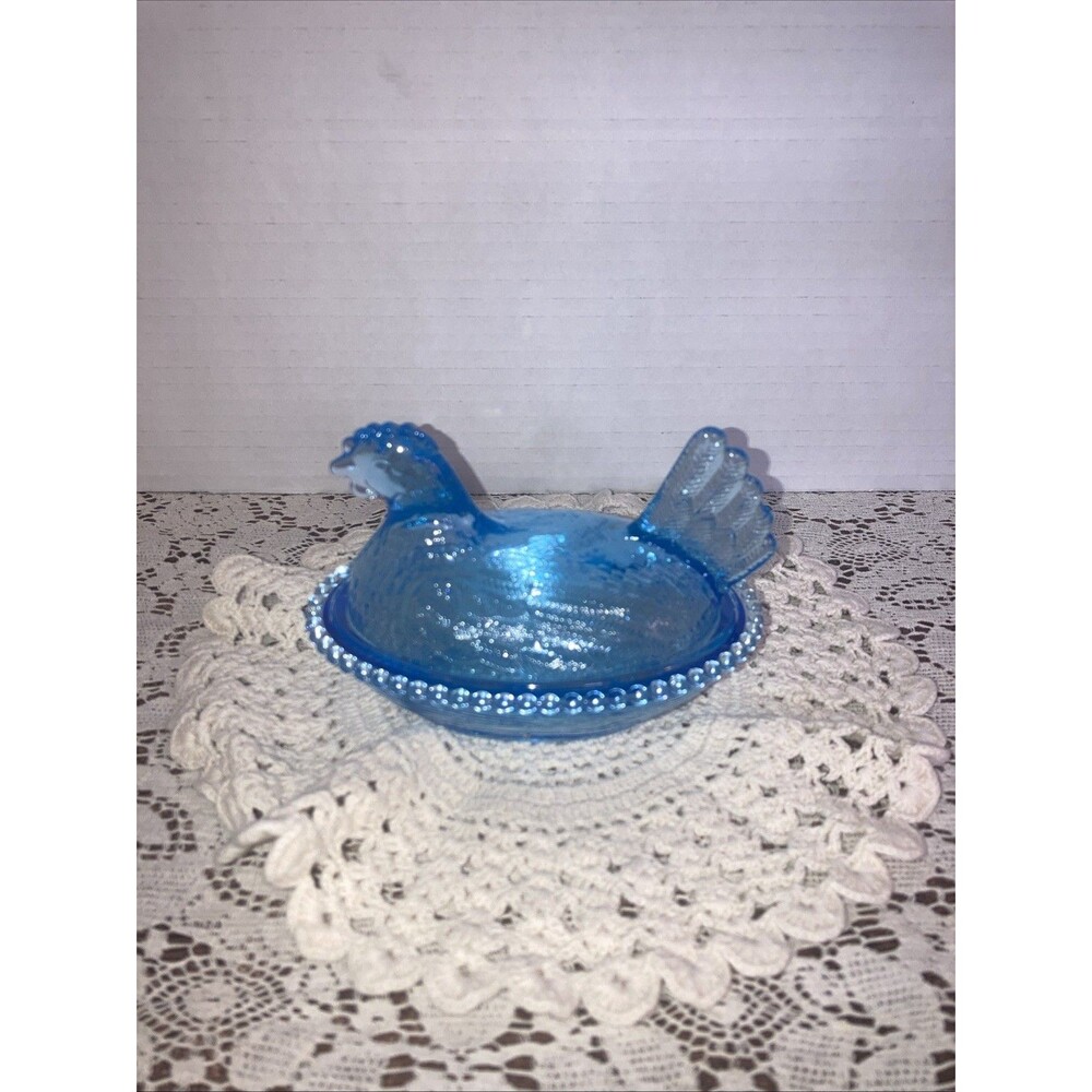 Hen On Nest Chicken Candy Dish 4-3/4" Long Indiana Style Acrylic Plastic Blue